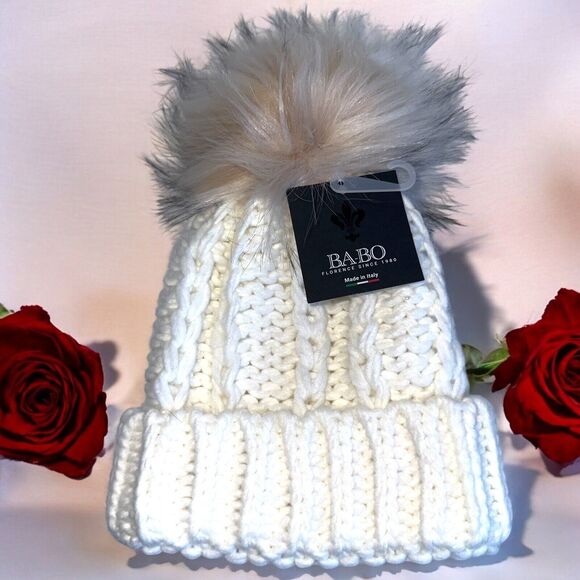 Ba Bo White Chunky Cable Knit Winter Hat Faux Fur Pom One Size Made in Italy - Picture 1 of 10